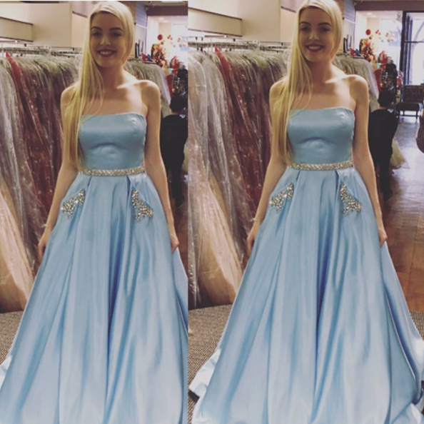 Light Sky Blue A-line Beaded Strapless Chiffon Prom Dress main image 1