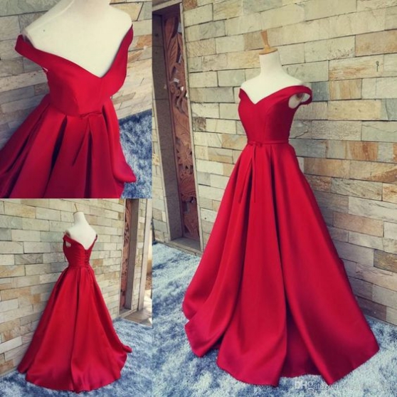 Red Off-the-shoulder A-lin..