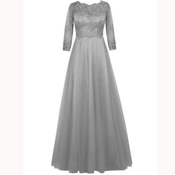 Natural Formal Dress On Sale 3/4 Sleeves Floorlength ALine Applique Zipper Round Tulle Dress
