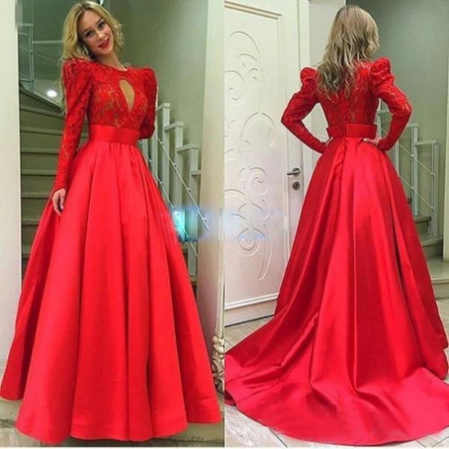 Red Long Sleeves Ball Gown Satin Prom Dresses 2017 on Luulla